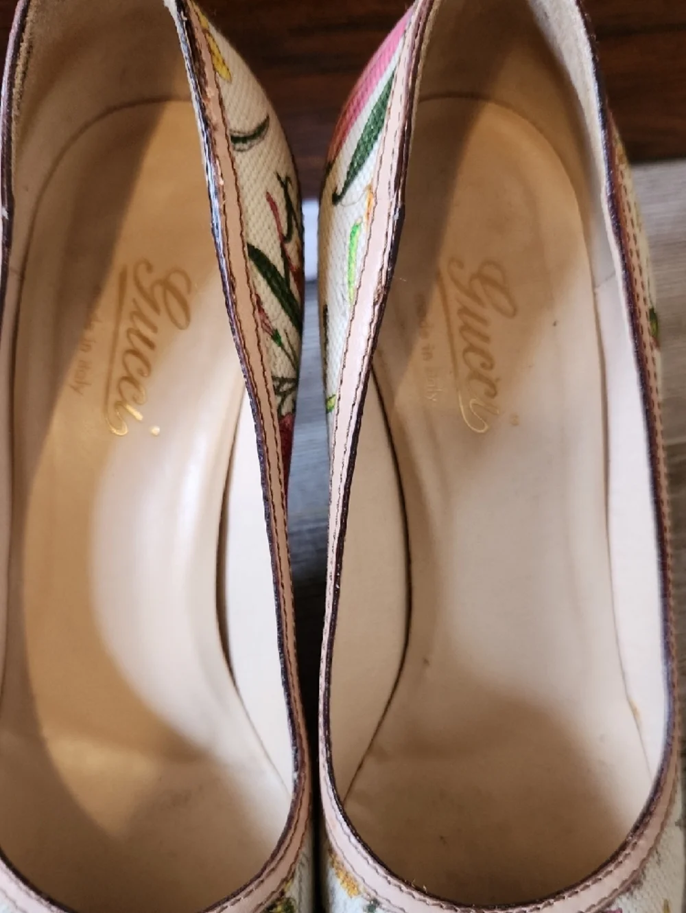 Gucci Floral Embroidered Pumps in Cream with Pink & Green Accents - Picture 8 of 11